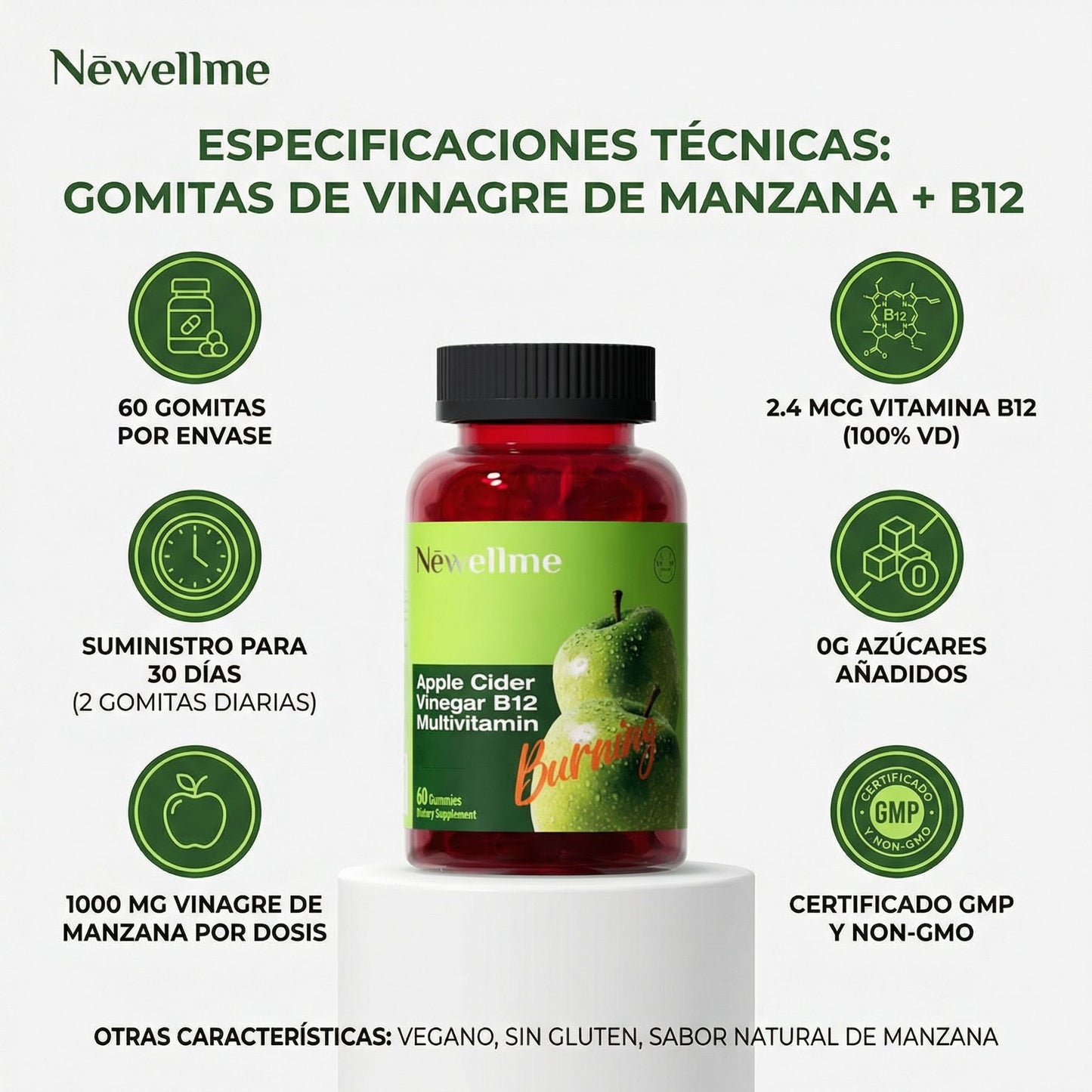 NEWELLME Apple Cider Vinegar B12 Gummies - Bienestar diario en una gomita fácil de tomar